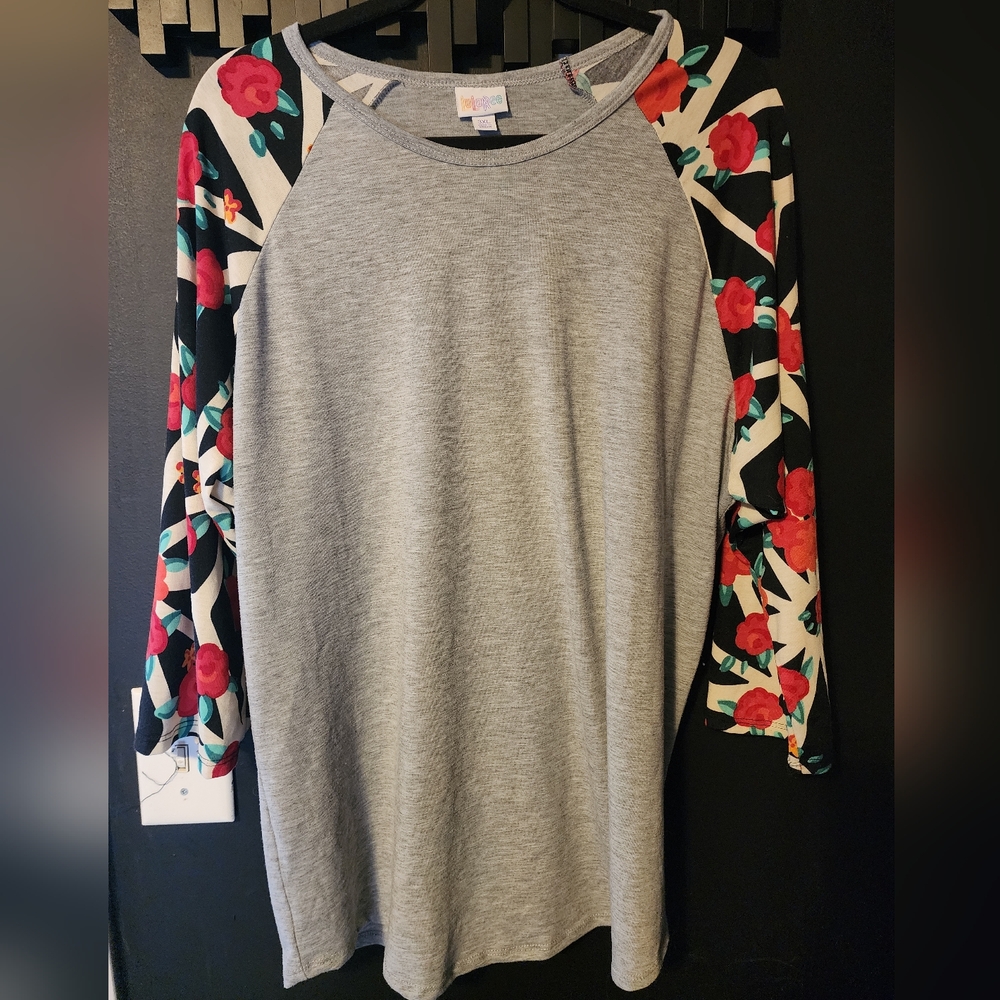 Lularoe 'Randy' 3/4 Sleeve Baseball Tee 3XL Heather Gray and Geometric Floral